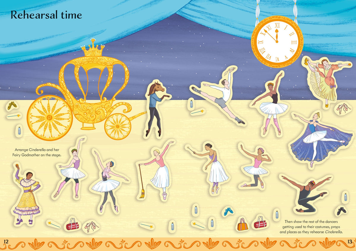Illustration of a ballet rehearsal scene with dancers, carriage, and clock.