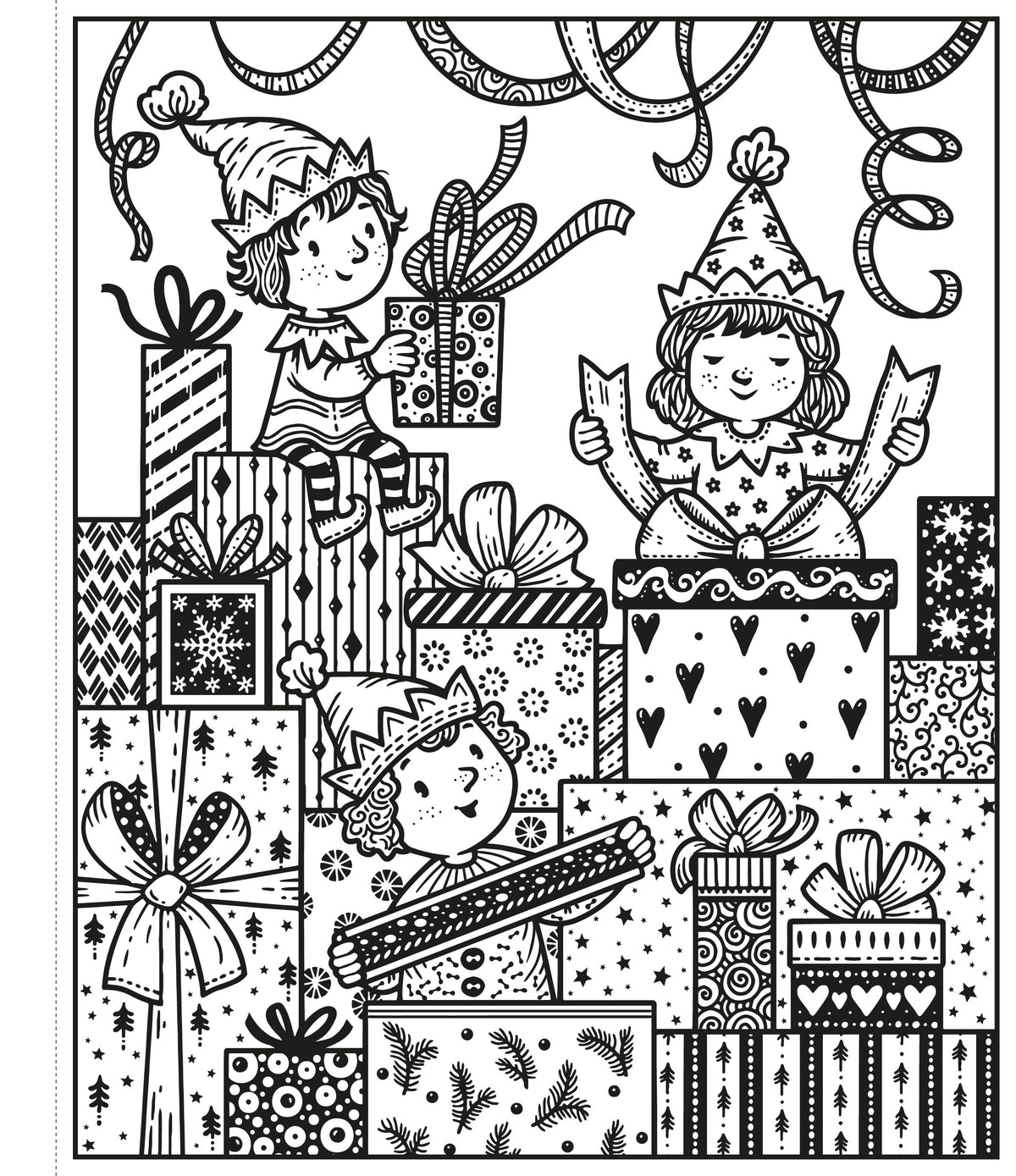 Illustration of three children with presents, suitable for coloring.