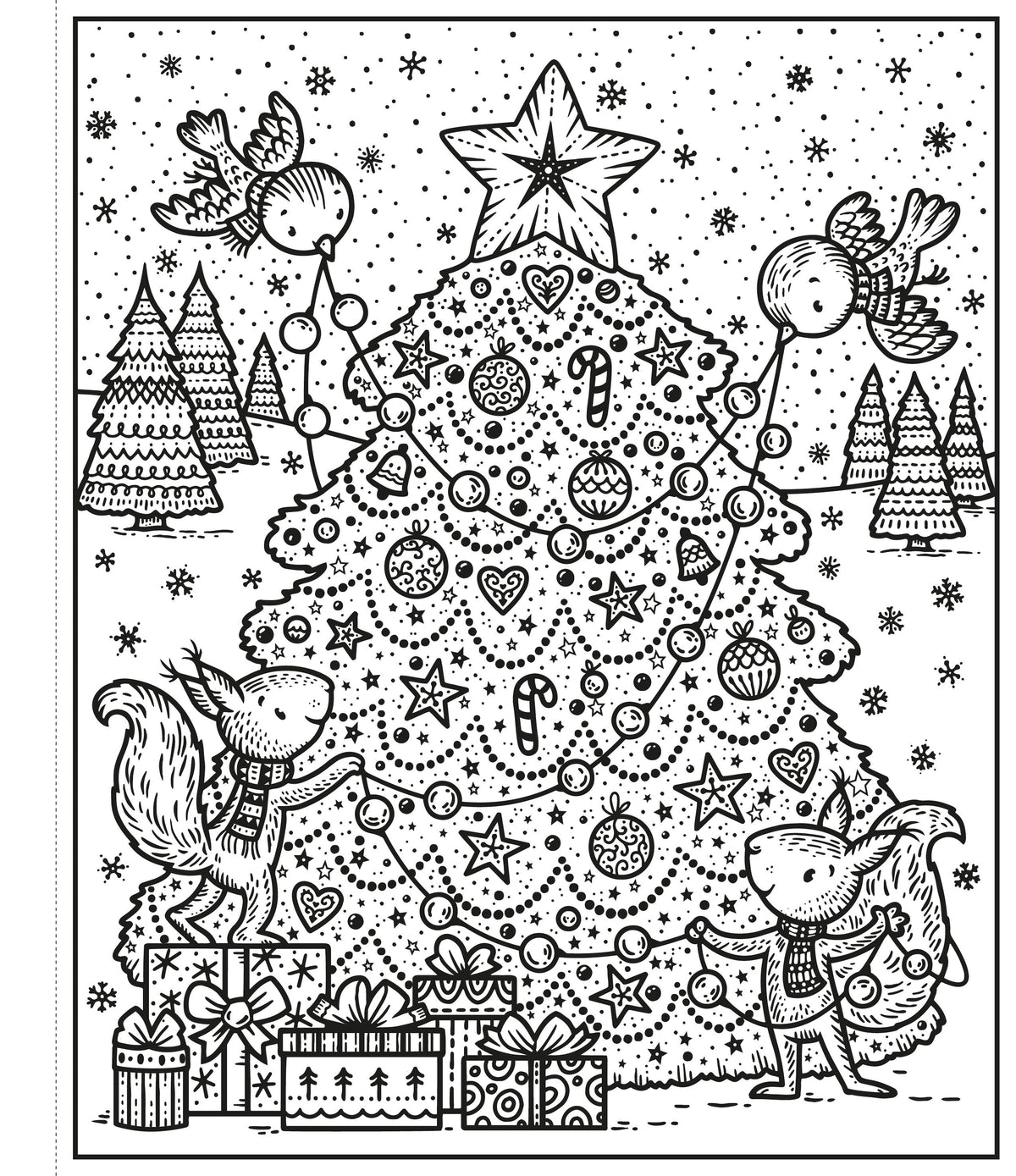 Black and white Christmas-themed illustration with a decorated tree, presents, and animals around it.
