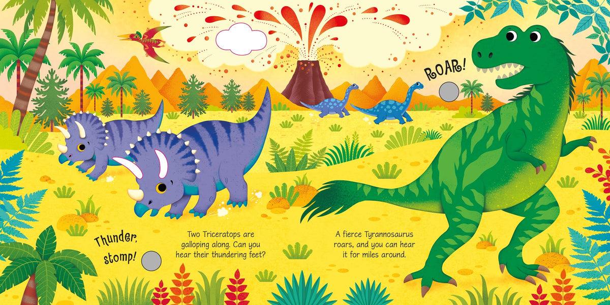 Illustration of dinosaurs in a prehistoric landscape with colorful elements.