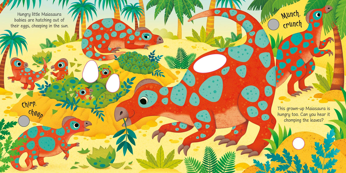Colorful illustration of baby dinosaurs in a jungle setting with text.