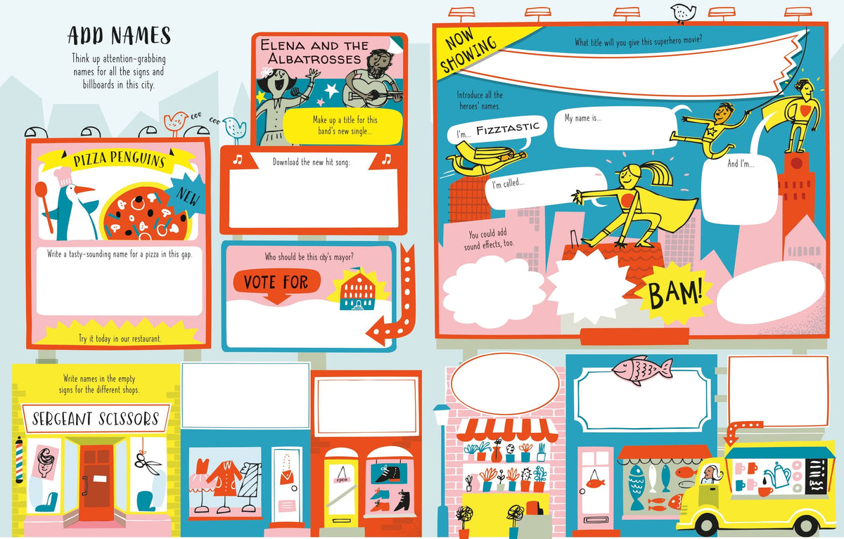 Illustrated children's book page with various activities and graphics.
