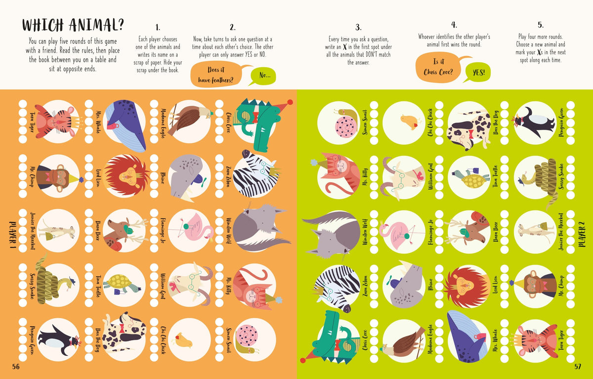 Children's educational game page with animal illustrations and numbered steps.