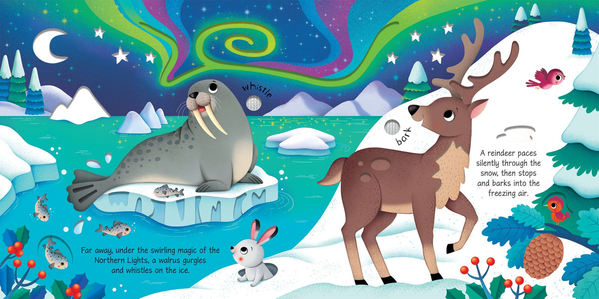 Illustration of a reindeer and walrus in a snowy landscape with Northern Lights.