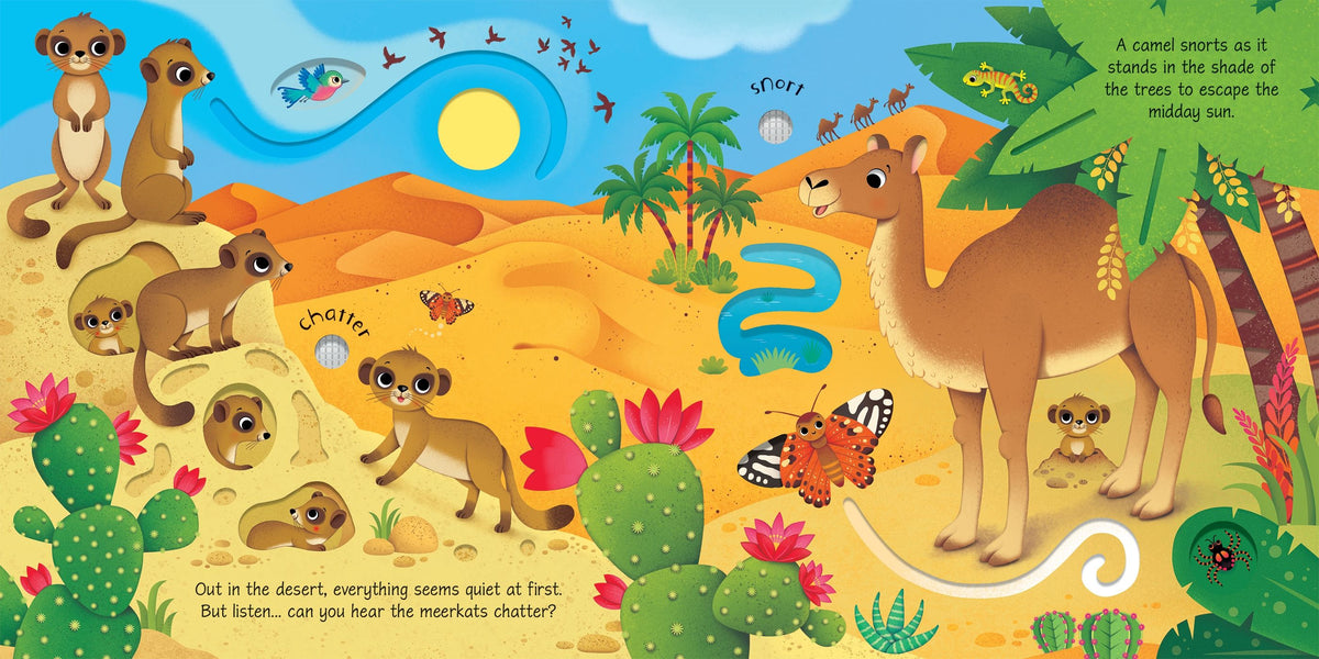 Illustrated children's book page with a desert scene featuring animals and cacti.