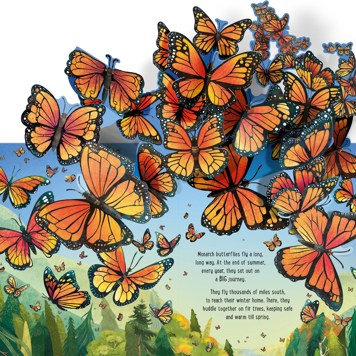 Illustration of orange and black butterflies with a scenic background