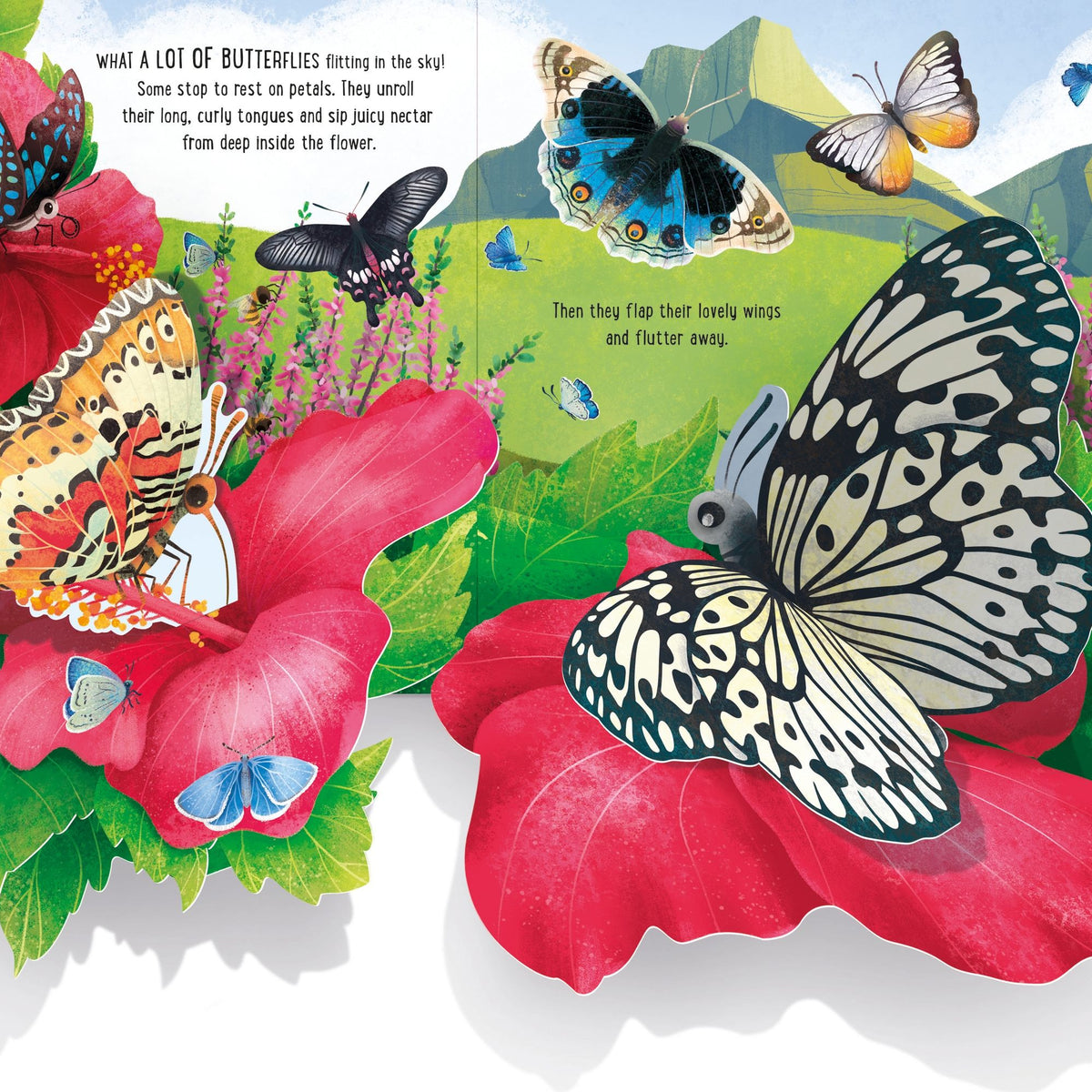 Illustration of butterflies on flowers with a mountainous background