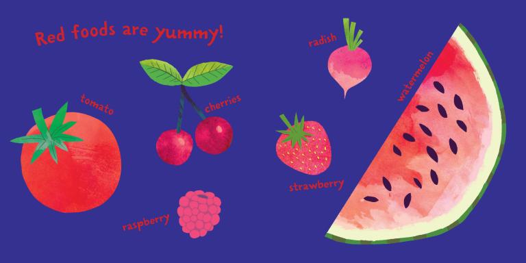 Illustrations of red foods including a tomato, cherries, raspberries, and a watermelon slice on a blue background with text.