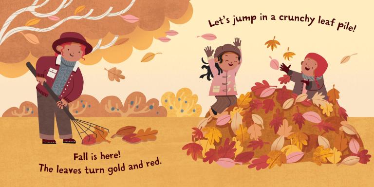 Illustration of children playing in a leaf pile with autumn scenery.