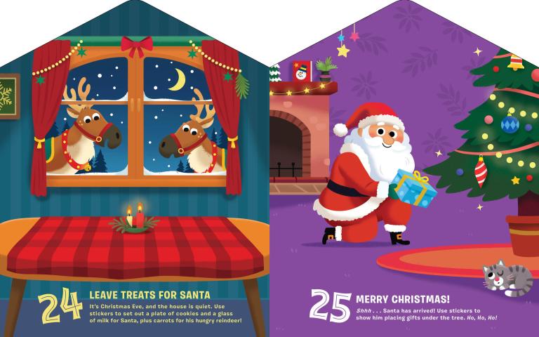 Illustrations of Santa Claus and reindeer in a festive setting with Christmas decorations.
