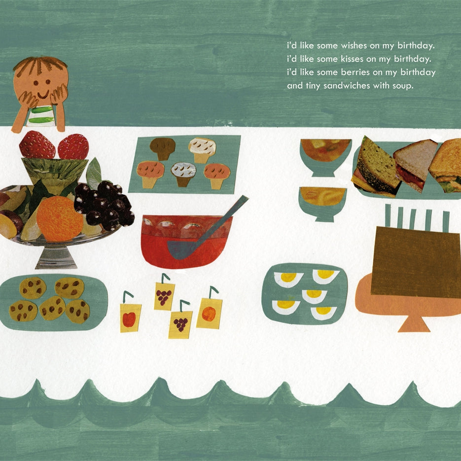 Illustration of a birthday cake with various food items and text on a green background