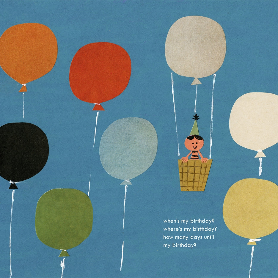 Illustration of a child in a basket surrounded by colorful balloons against a blue background.