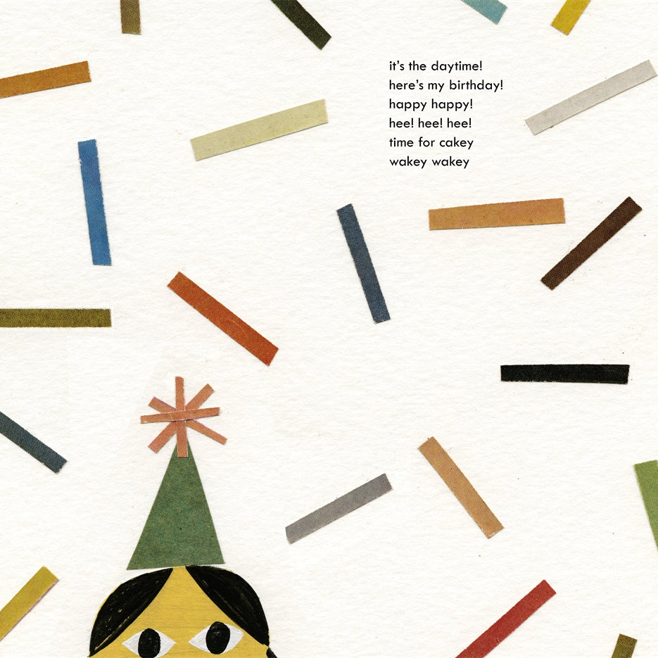 Illustration of a character wearing a party hat with colorful bars on a white background.