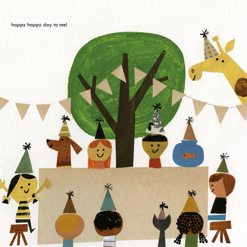 Illustration of children and animals with party hats around a tree with bunting, featuring text 'happy happy day to me!'.
