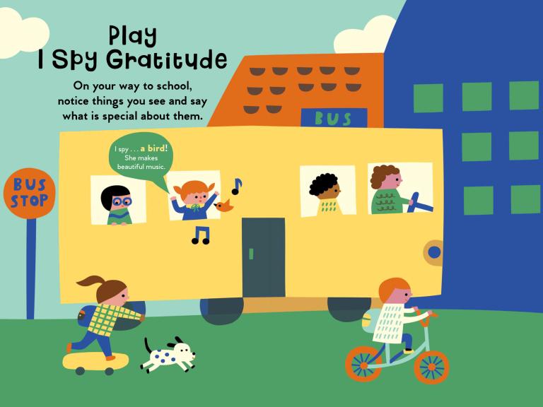 A colorful children's activity poster titled 'Play I Spy Gratitude' showing a cartoon school bus with children interacting around it, including one child writing on a paper bag bicycle and another on a skateboard near a dog.
