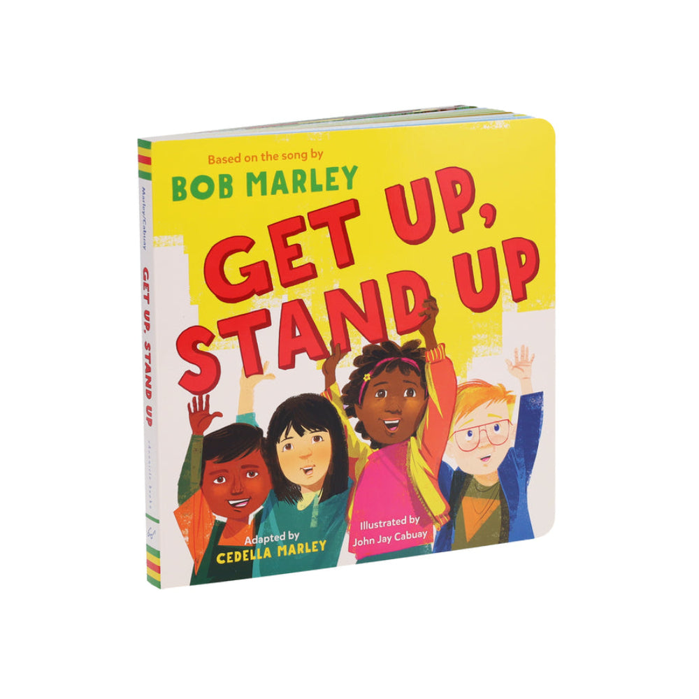 Children's book titled 'Get Up, Stand Up' by Bob Marley with colorful cover and text.
