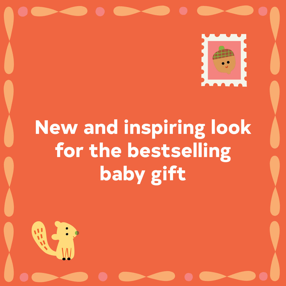 Orange background with cartoon squirrel, acorn, and text about a bestselling baby gift.