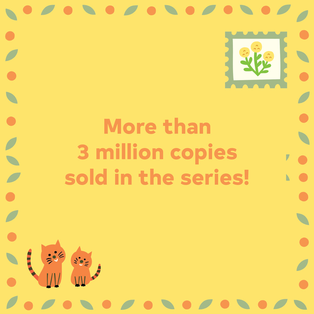Yellow background with cartoon cats, a flower stamp, and text about book sales.