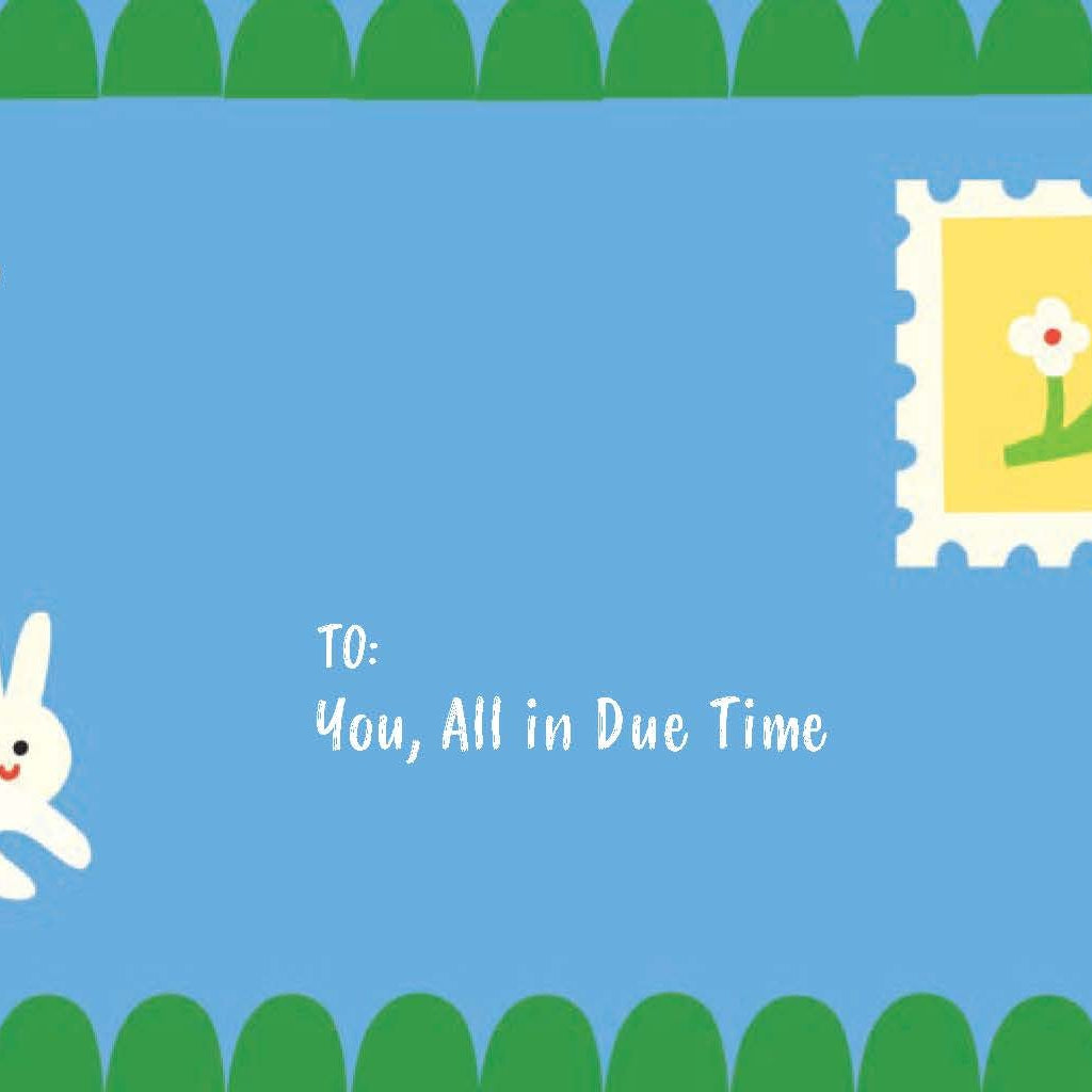 Cartoon rabbit on a blue background with a postage stamp and text