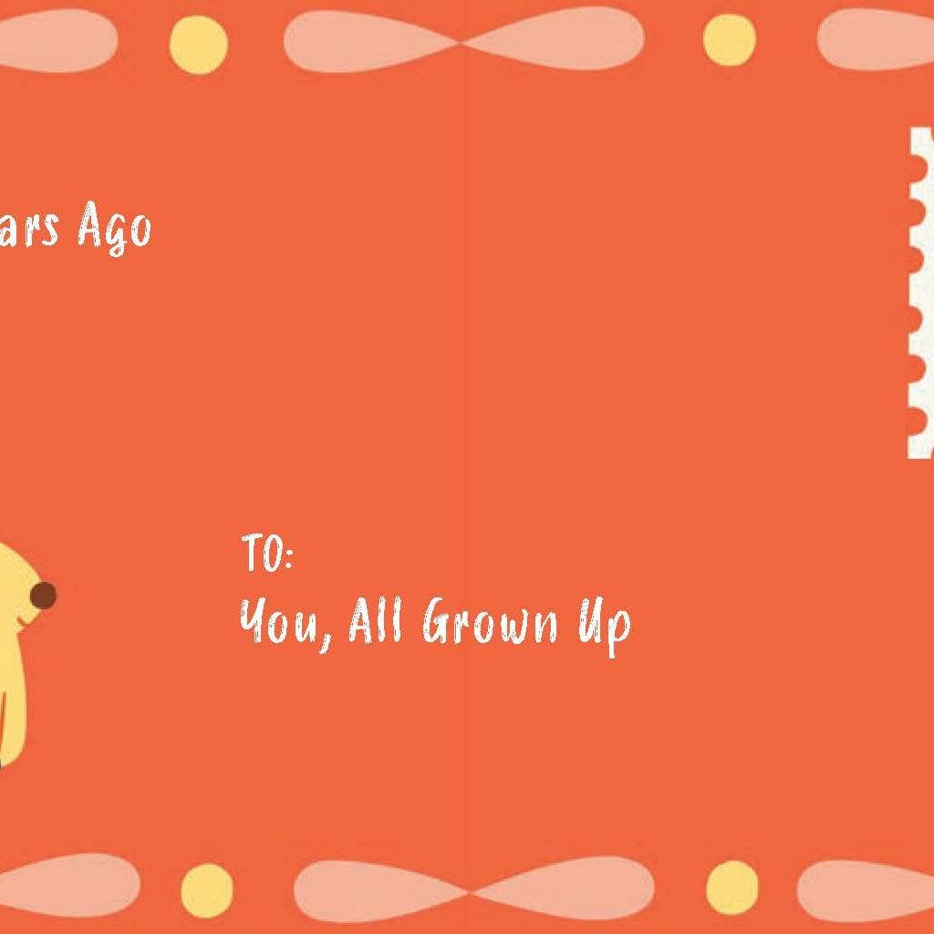 Greeting card with a cartoon squirrel, postage stamp, and text on an orange background