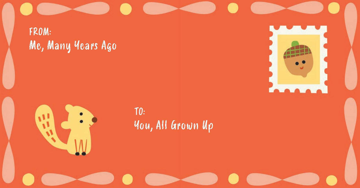 Greeting card with a cartoon squirrel, postage stamp, and text on an orange background
