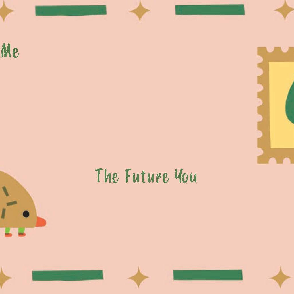 Illustration of a hedgehog and a tree with text 'The Younger Me' and 'The Future You' on a pink background.