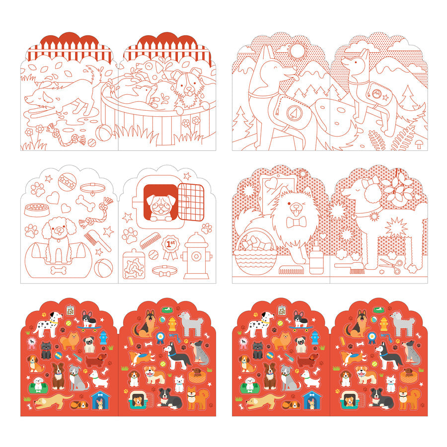 Set of dog-themed decorative cards with illustrations on a white background