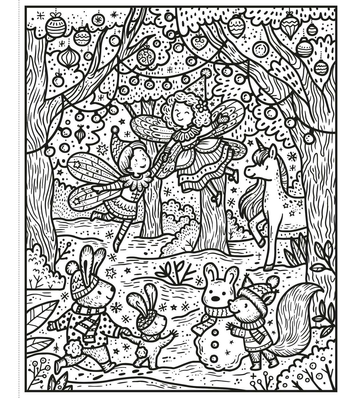 Illustration of fairies, a unicorn, and other fantasy creatures in a snowy forest setting.