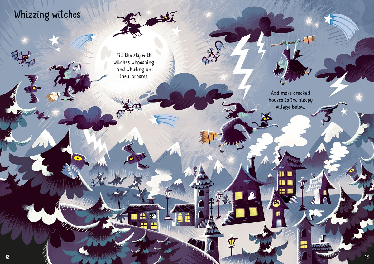 Illustration of witches flying over a village at night with text 'Whizzing witches'.