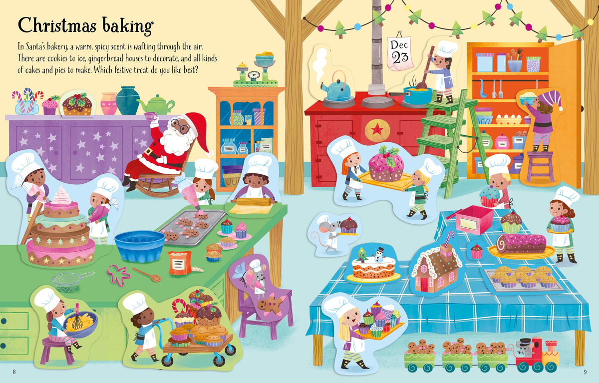 Illustration of a festive kitchen scene with children baking and Santa Claus, featuring various baking activities and decorations.
