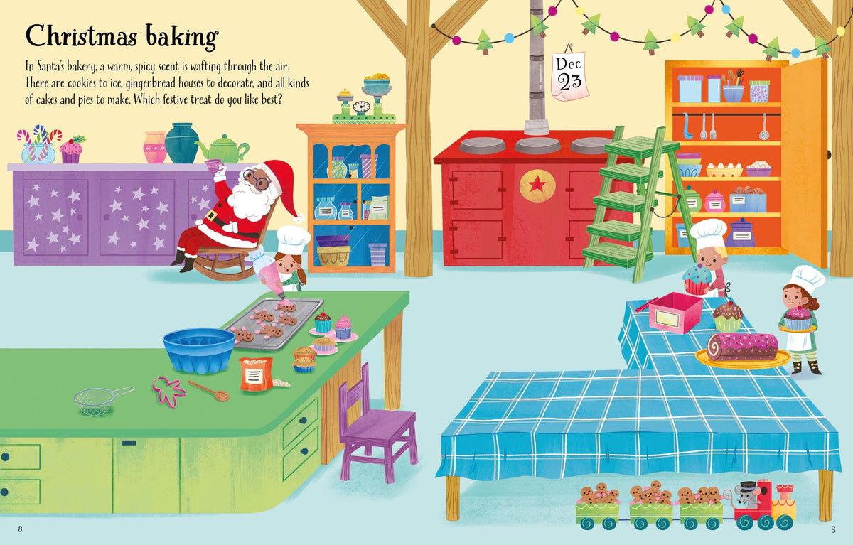 Illustration of a festive kitchen scene with Santa Claus and children baking Christmas treats.