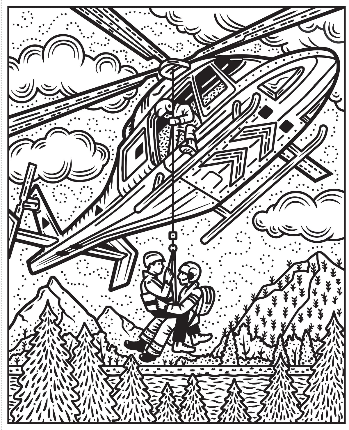Black and white illustration of a helicopter rescue scene with mountains and trees in the background.