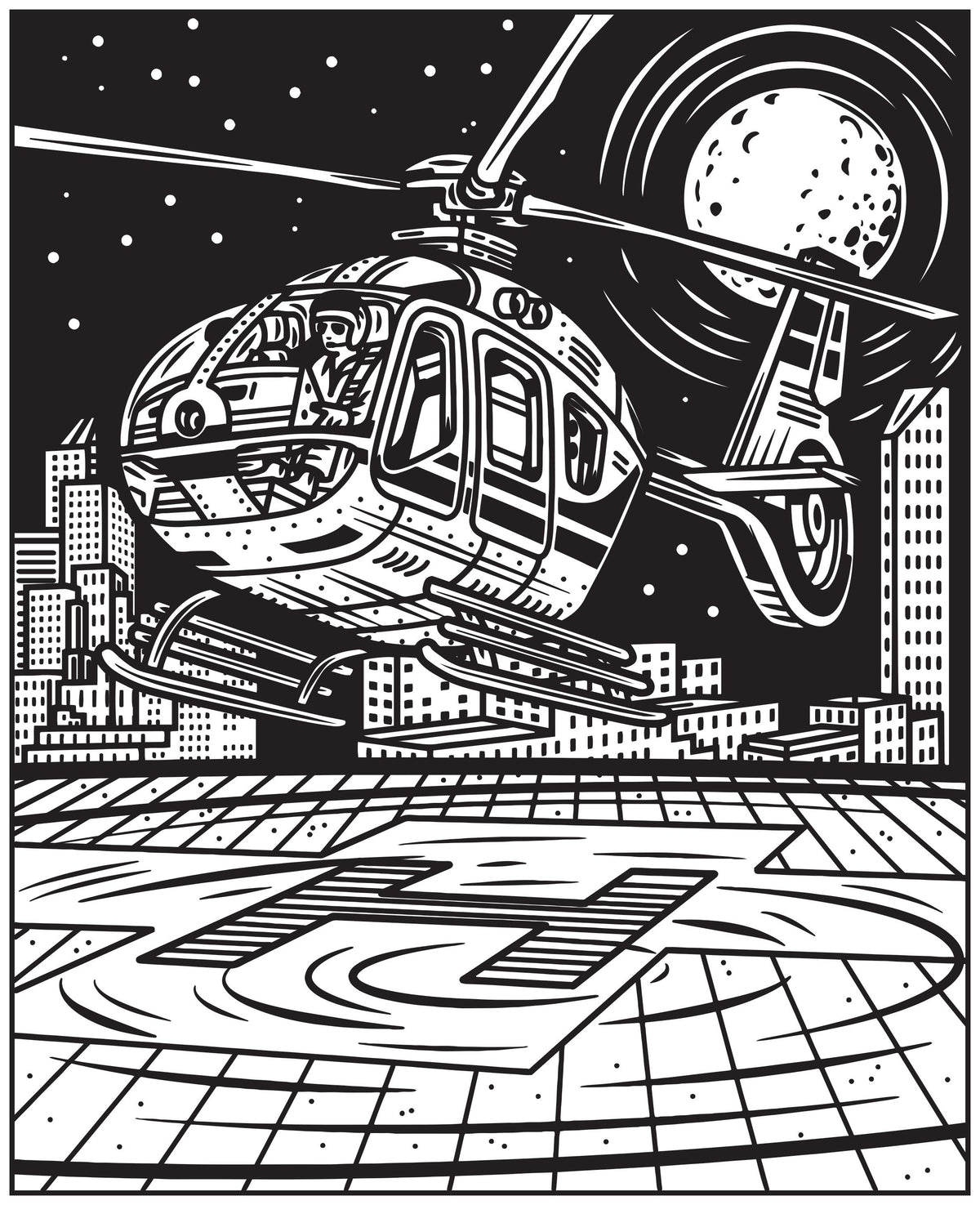 Black and white graphic art print of a helicopter flying over a helipad at night, with a city skyline and a moon in the background.