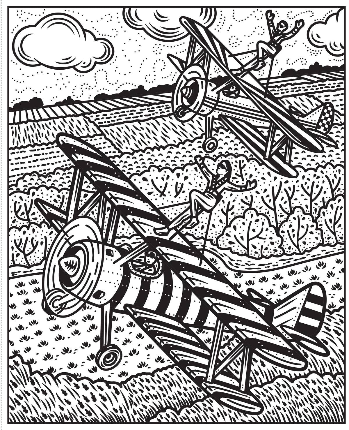 Black and white illustration of vintage airplanes and a dog in a field with trees and clouds.