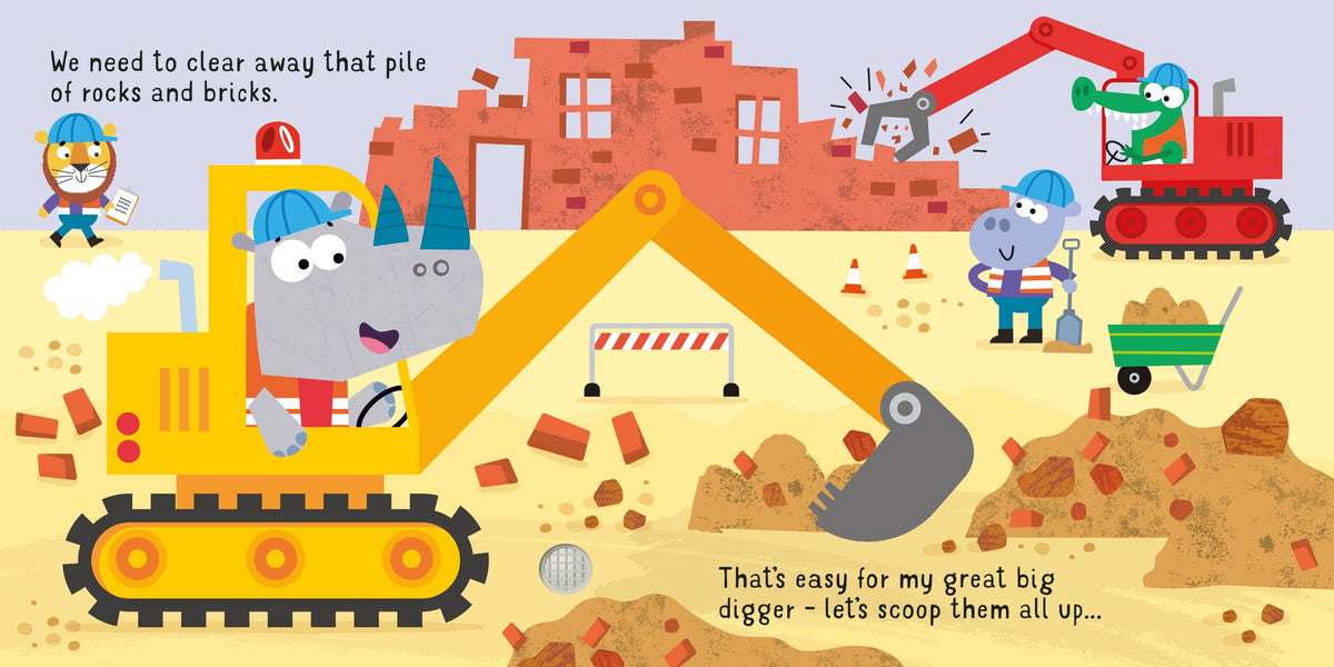 Illustration of a cartoon rhino operating a digger with construction scene and characters in the background.