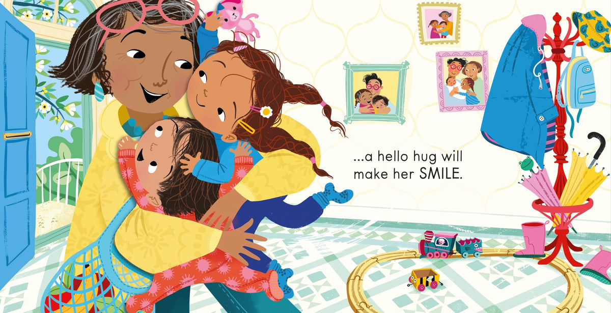 Illustration from a children's book showing two girls hugging with text about a hello hug.