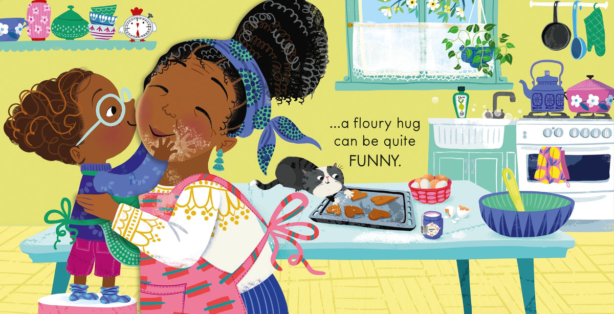Illustration of two children hugging in a kitchen with text about a 'floury hug'.
