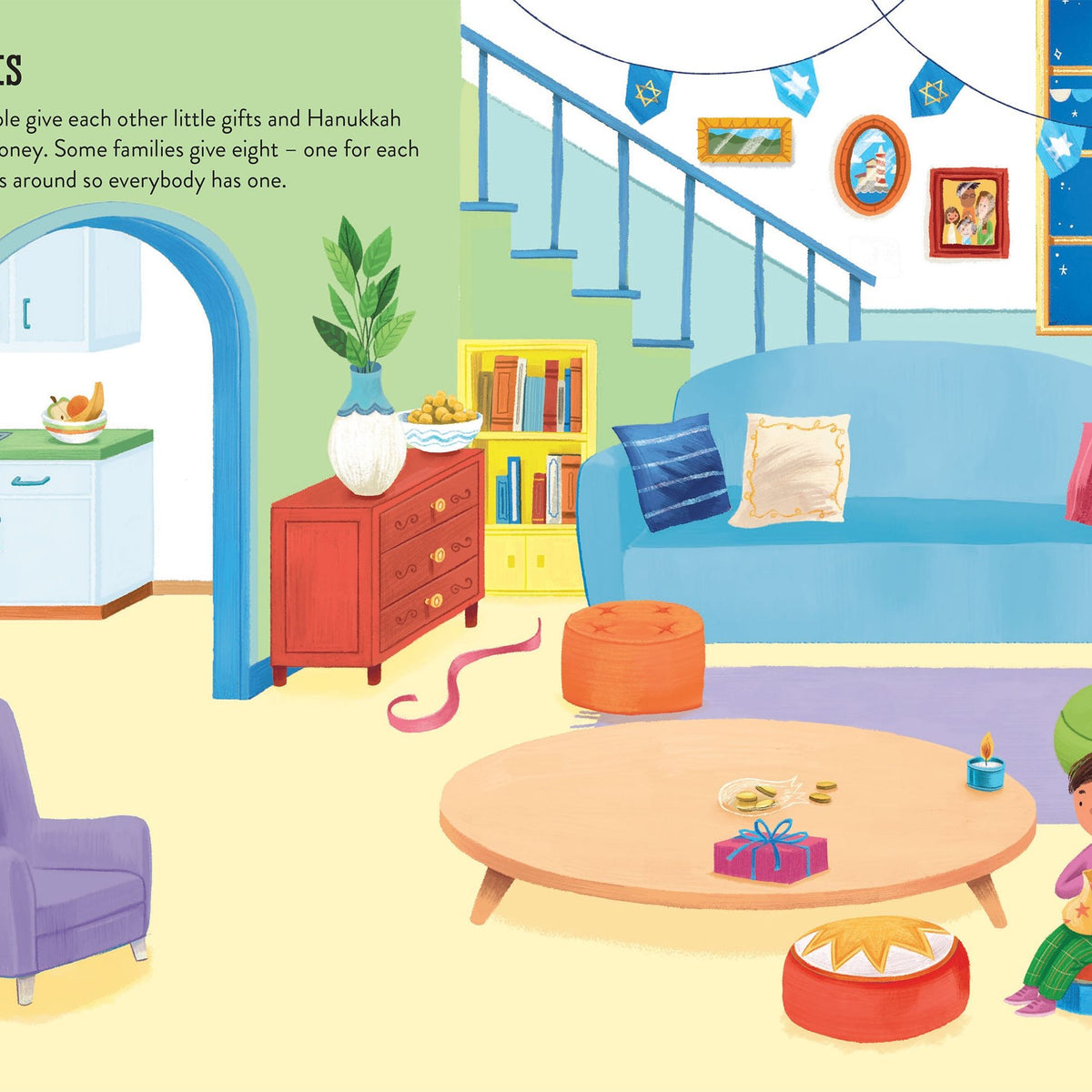 Colorful illustration of a living room with a child sitting on a colorful stool, surrounded by furniture and decorations.
