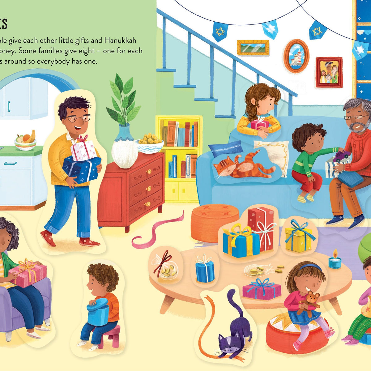 Illustration of children giving gifts during Hanukkah in a living room setting.