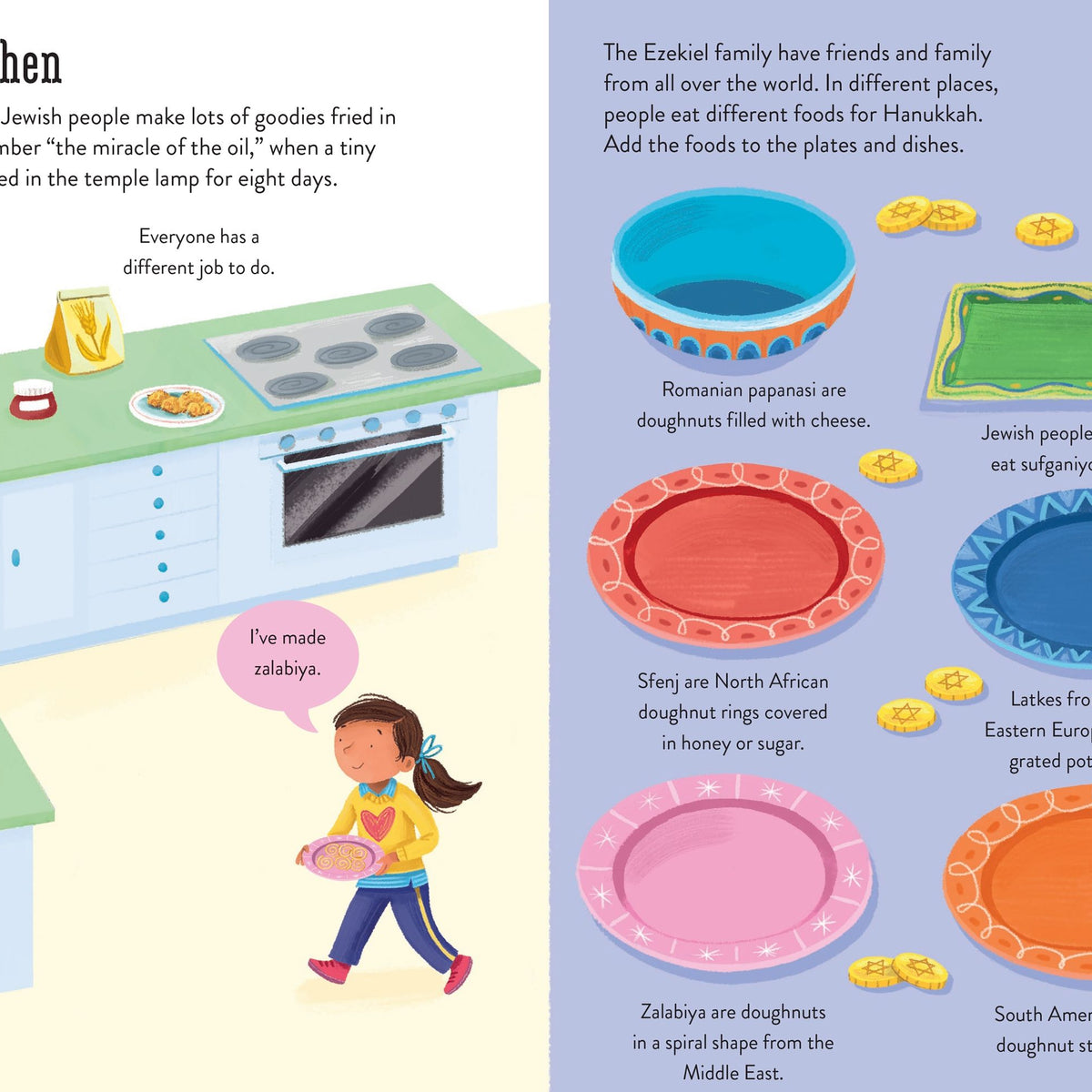 Illustrated book page about Hanukkah in a kitchen setting with text and colorful illustrations.