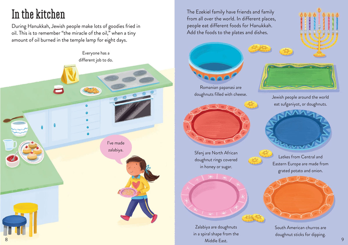 Illustrated book page about Hanukkah in a kitchen setting with text and colorful illustrations.