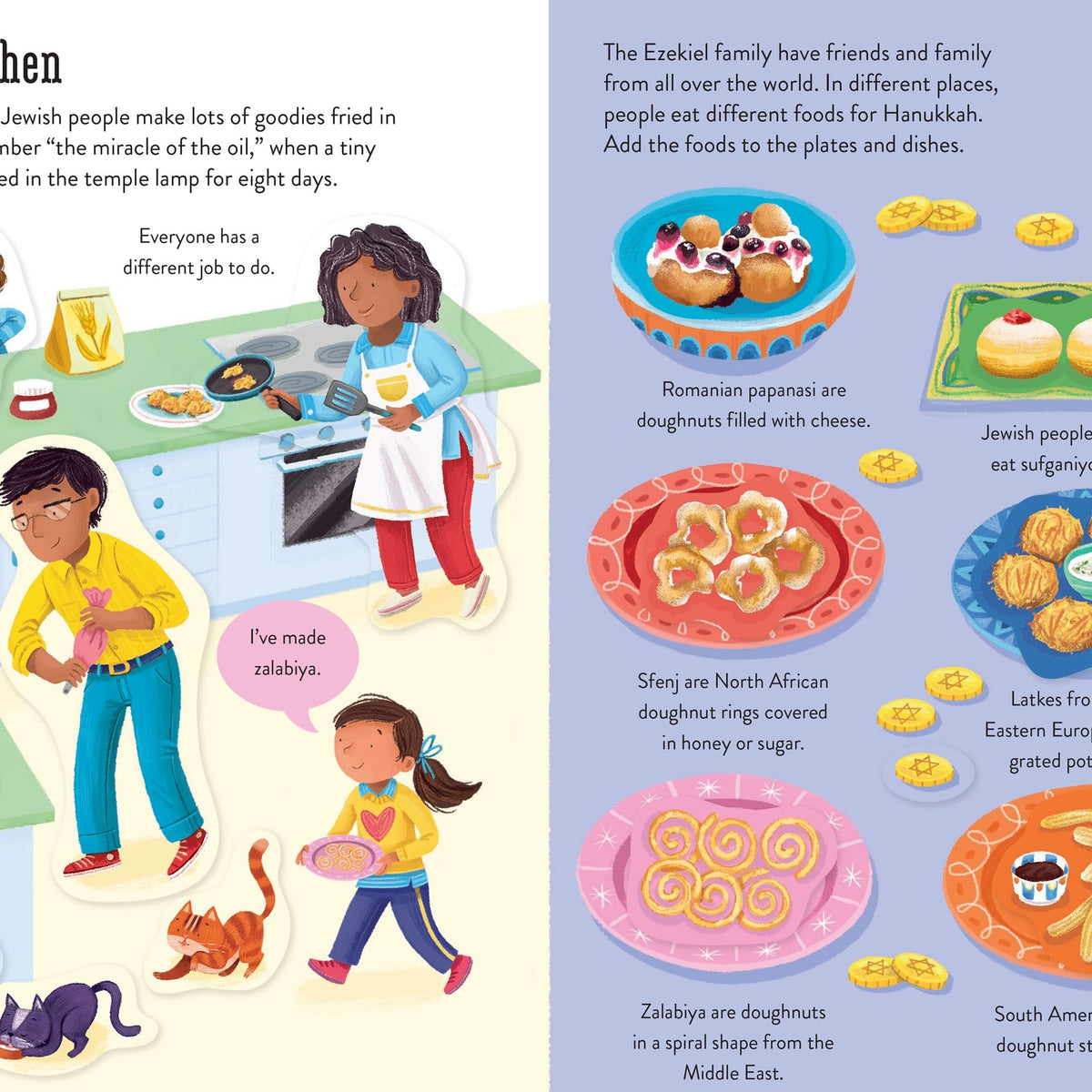 Illustrated book page about Hanukkah traditions with children in a kitchen and various foods.