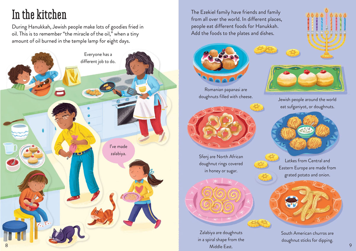 Illustrated book page about Hanukkah traditions with children in a kitchen and various foods.
