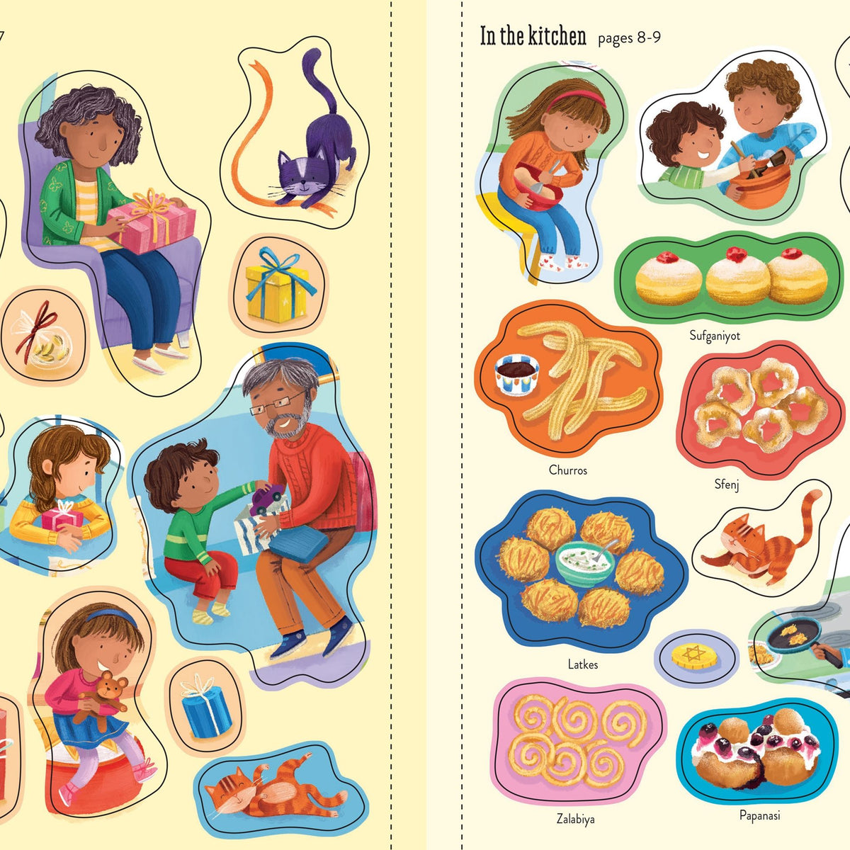 Illustrated book pages with children and food items on a yellow background