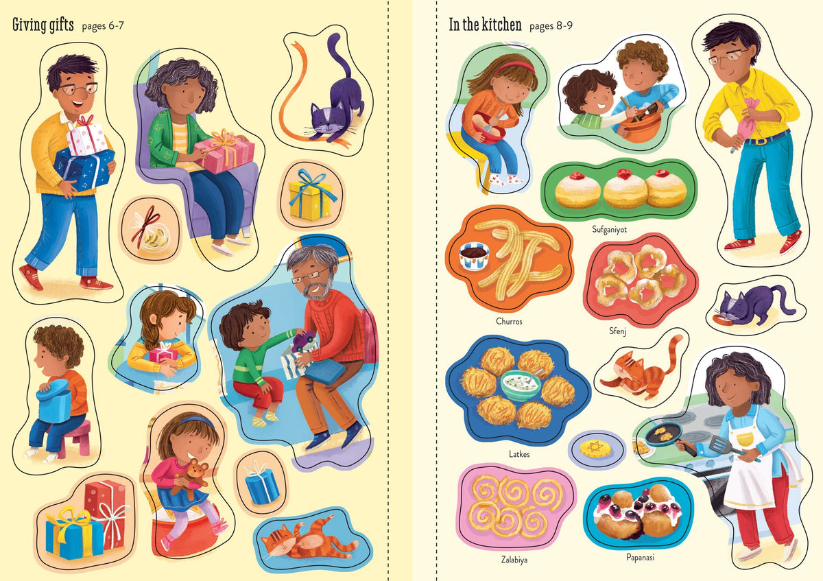 Illustrated book pages with children and food items on a yellow background