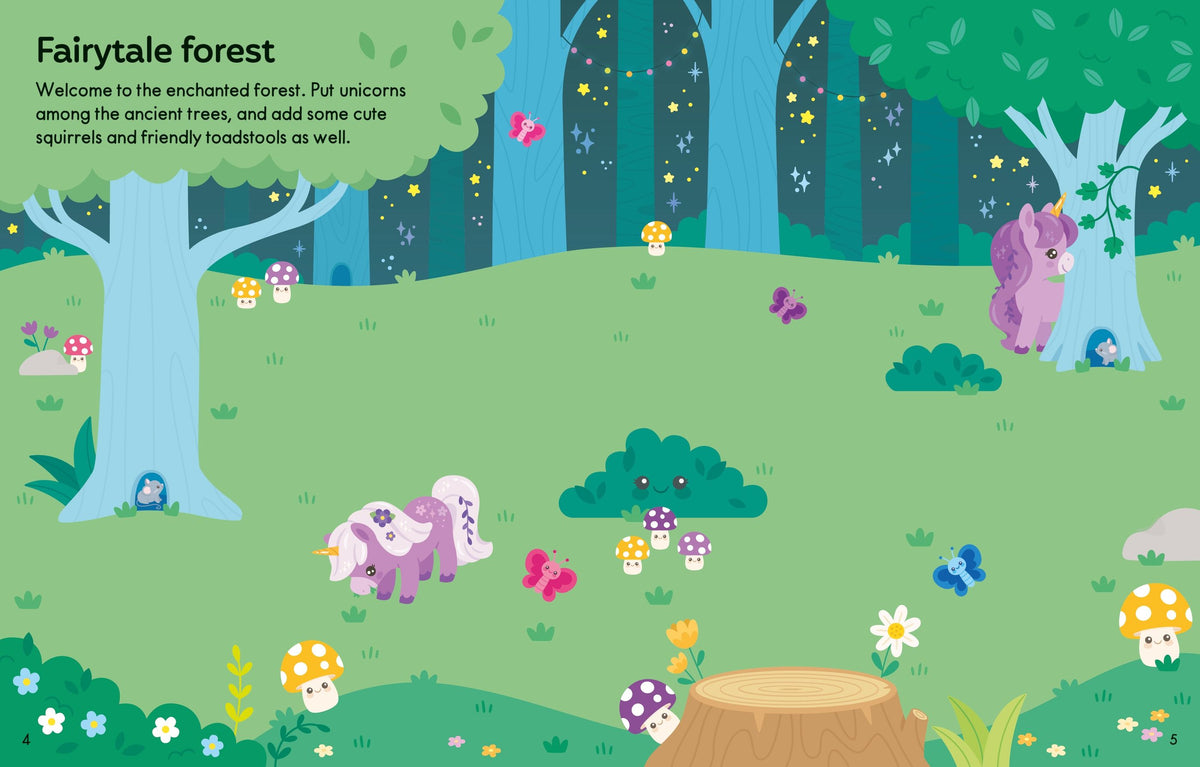 A colorful illustrated fairytale forest scene with trees, flowers, mushrooms, butterflies, and cute unicorn-like creatures. Text in the upper left reads 'Fairytale forest' with a short descriptive blurb.