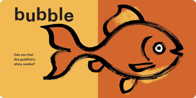 An educational card or book page featuring a goldfish illustration split across a yellow and orange background, with the word 'bubble' at the top and a small text question on the left.