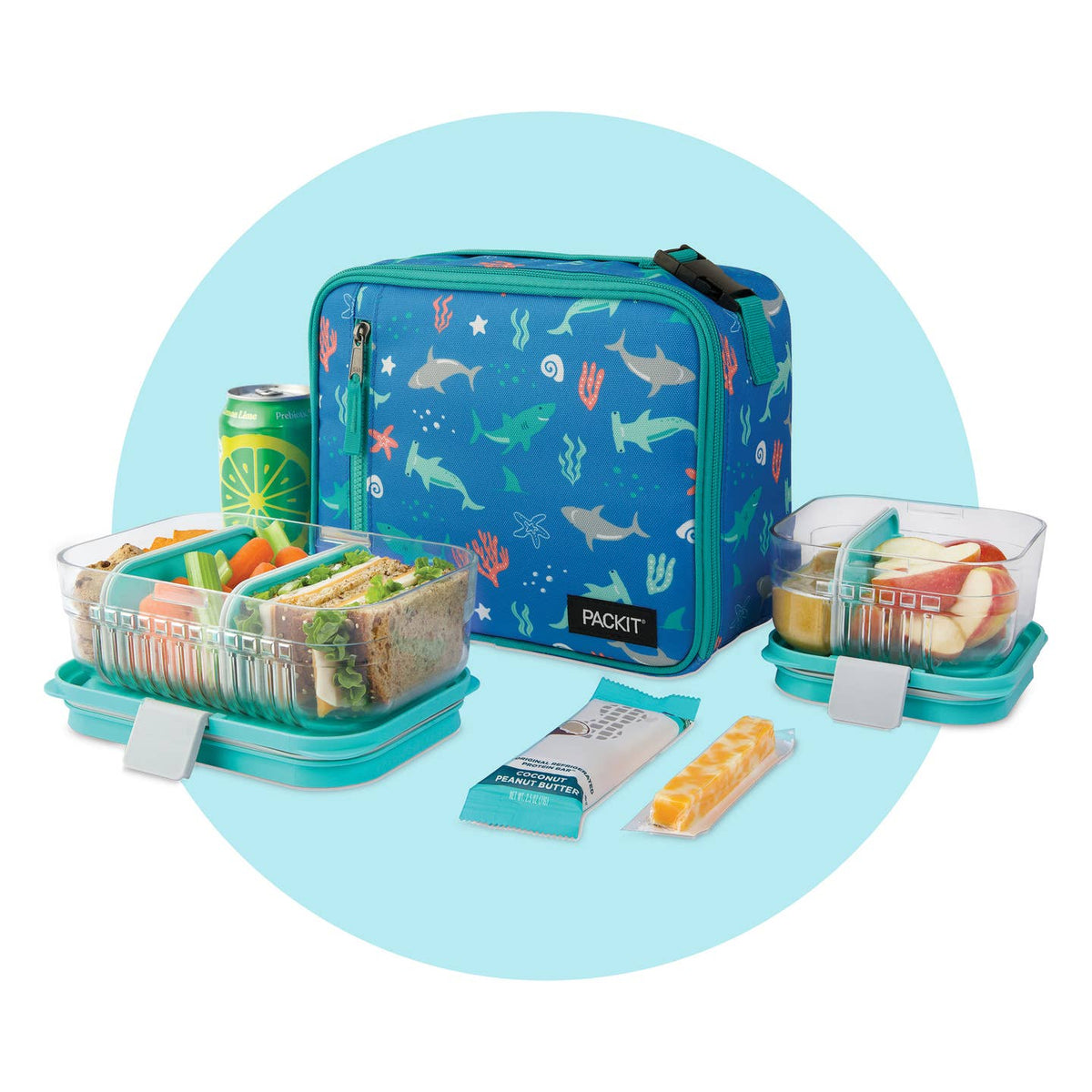 Blue lunch bag with sea-themed design, including a sandwich and snacks on a white background.