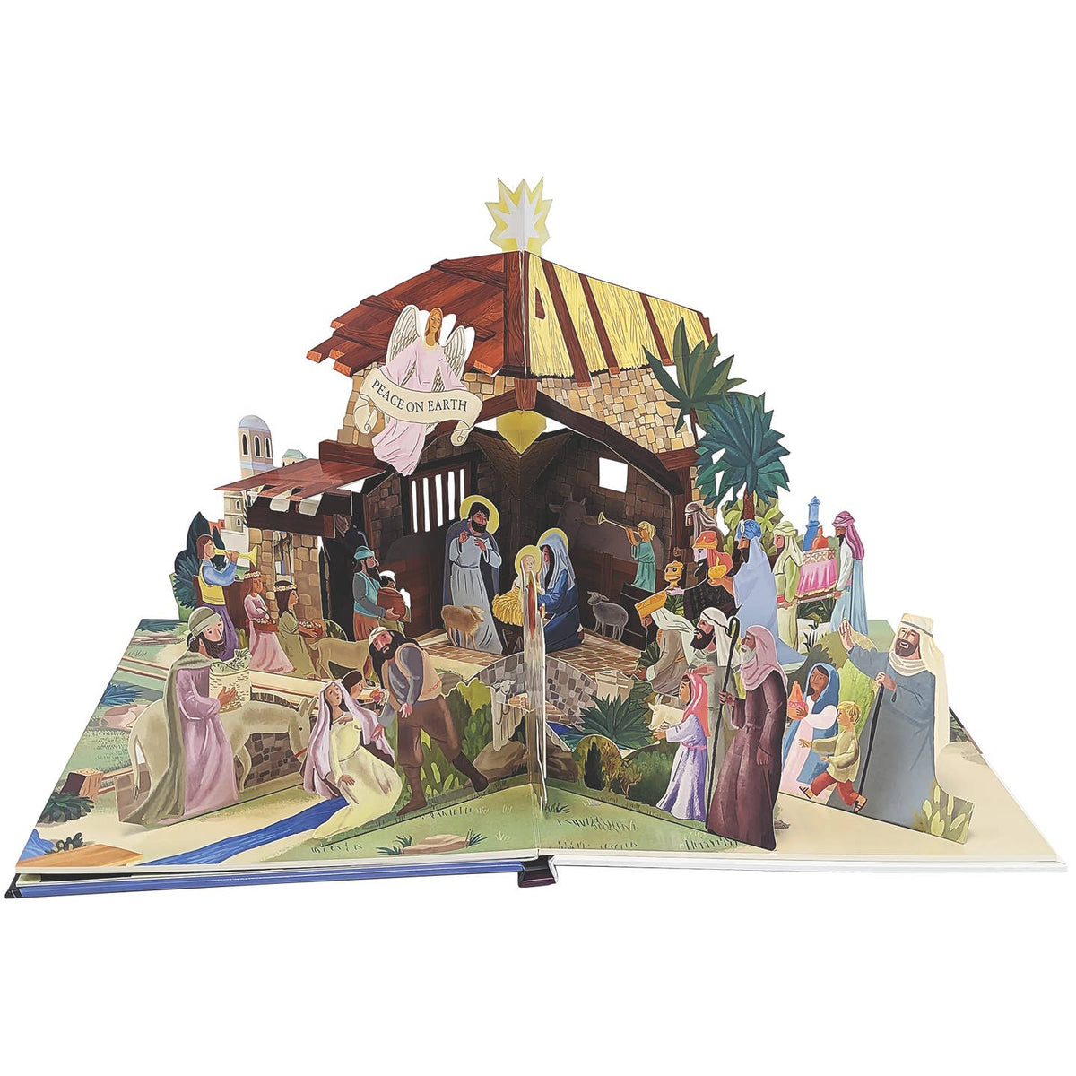 Pop-up book depicting a nativity scene with various characters and a stable.