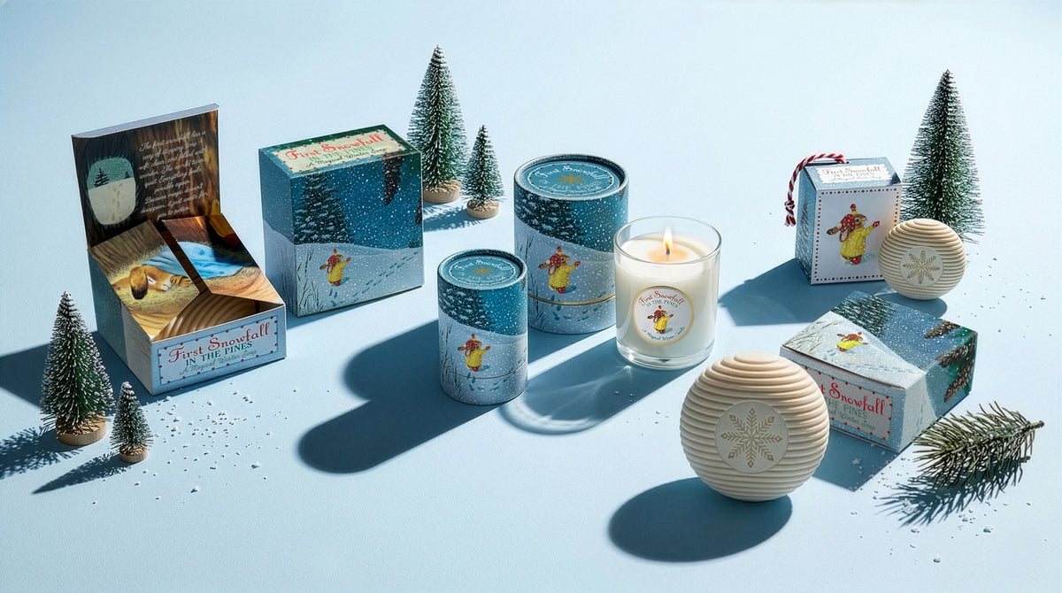 Collection of candles and packaging on a light blue background with decorative trees.